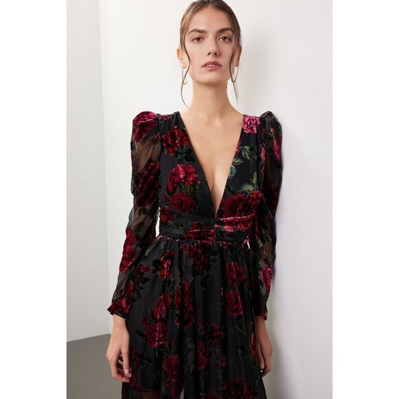 Rachel Purcell Black and Red Floral Velvet Burnout Maxi Dress - Picture 3 of 9